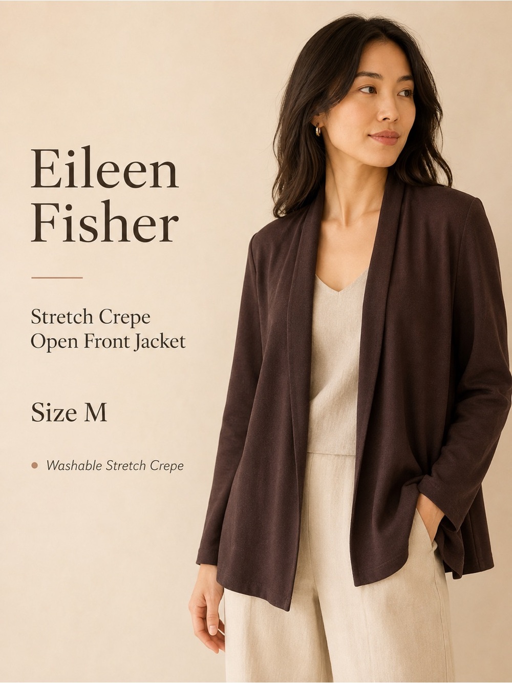 Eileen Fisher Washable Stretch Crepe Open Front Jacket Brown Size M